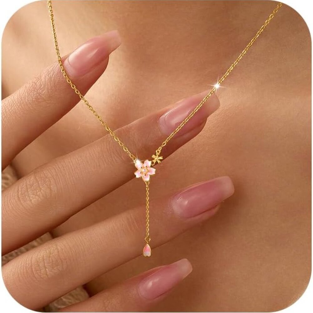 Sterling Silver Cherry Blossom Necklace Pink Enamel 14K Gold Plated Women Gift